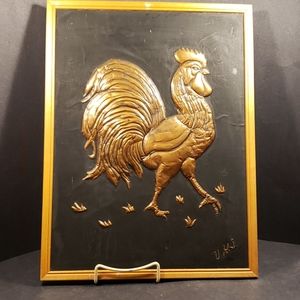Framed Copper rooster Carving